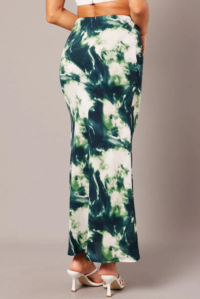 Green Abstract Slip Skirt Maxi Drawstring Waist Romantic Vibe Breezy Edge