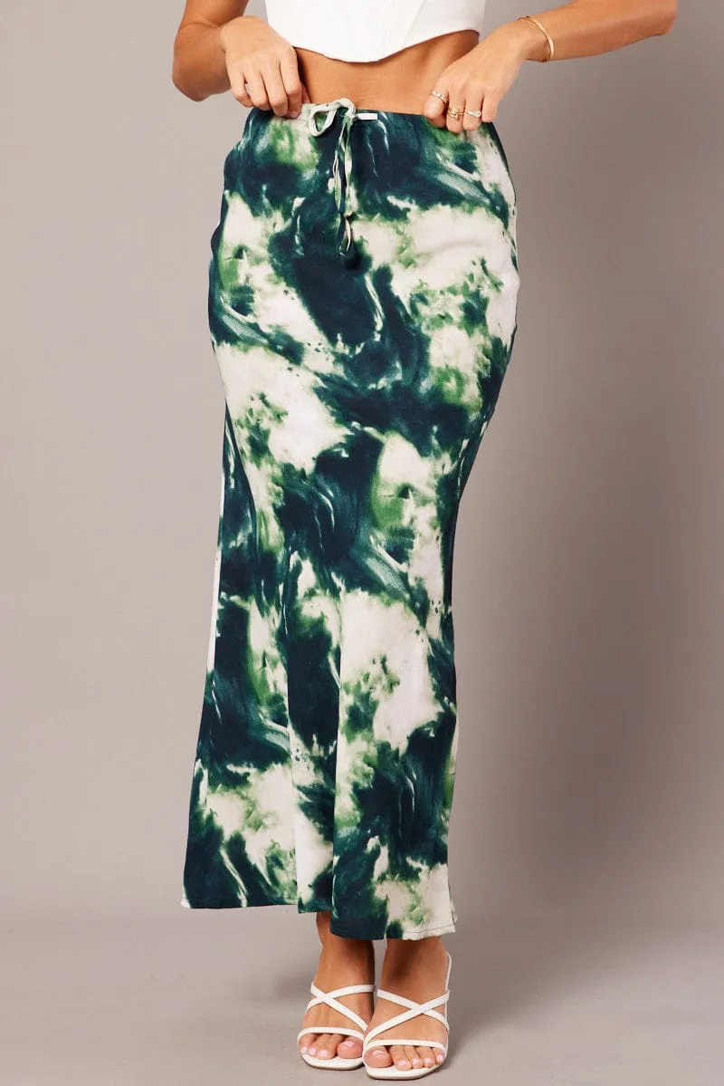 Chill Feel Creative Look Green Abstract Slip Skirt Maxi Drawstring Waist