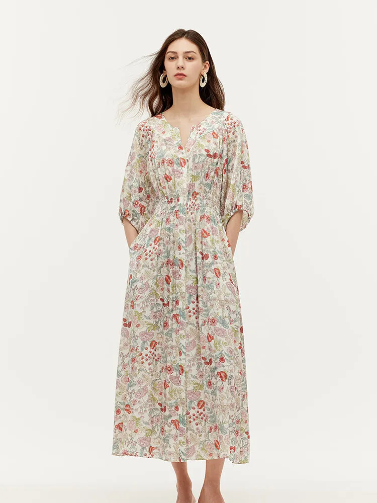 Game Core WaterRepellent Coating 19 Momme Mulberry Silk Floral Print Ruched Waist Women Maxi Dress