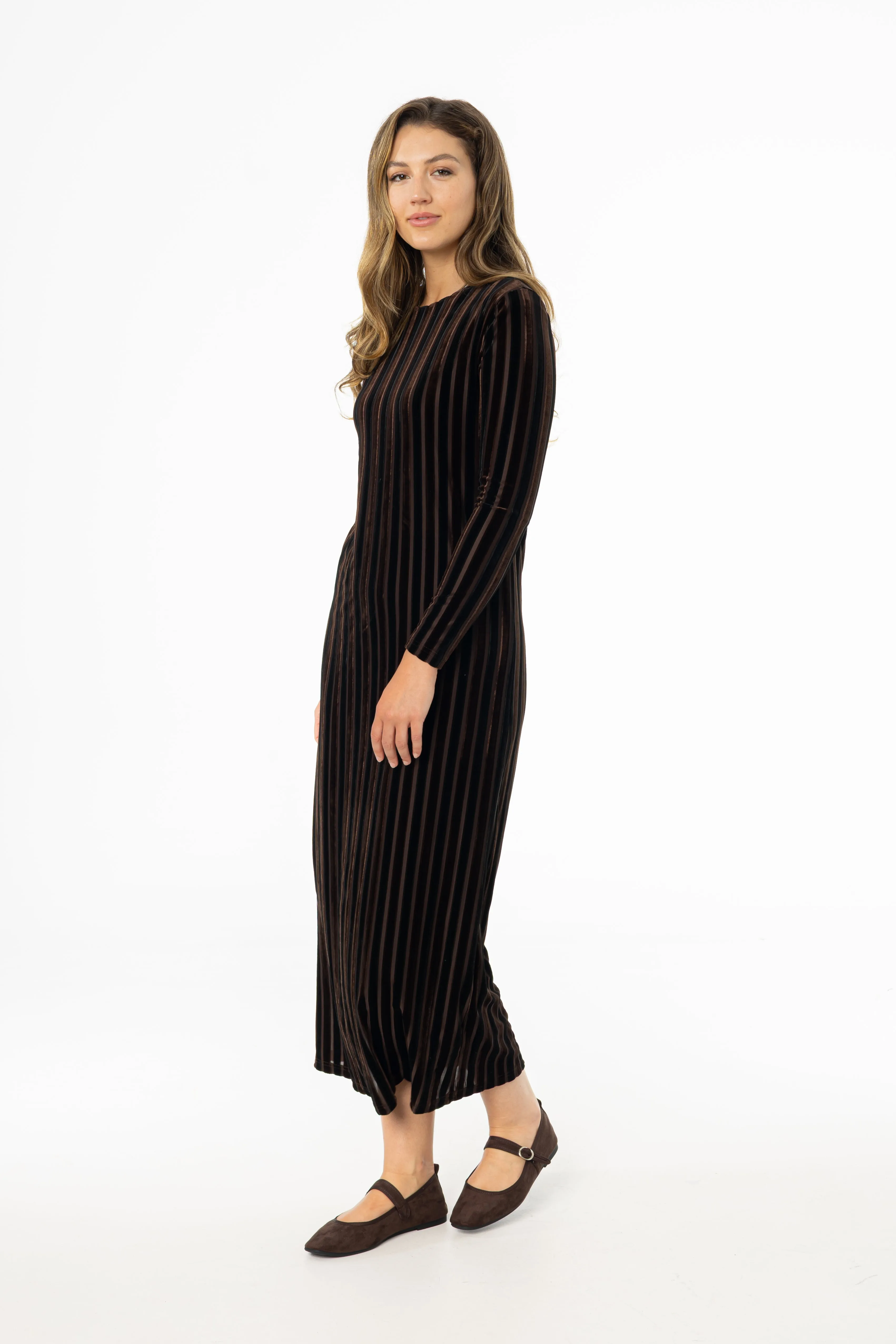 Brown Double Ribbed Velour Maxi Dress Soft Lining Comfort waistband