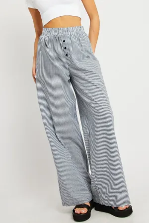 Black Stripe Wide Leg Pants Elasticated Waist Essential Wear FlexibleKnees