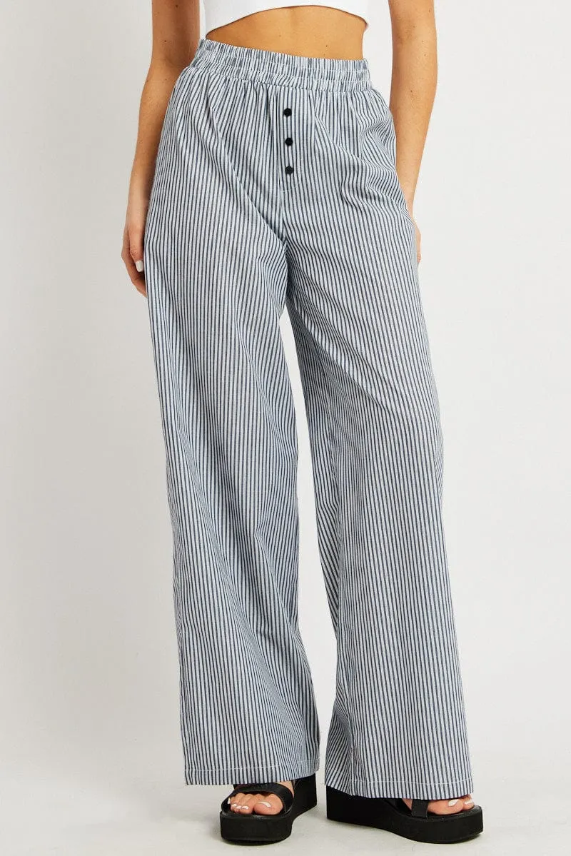 Black Stripe Wide Leg Pants Elasticated Waist Flexible Ankle Cuffs