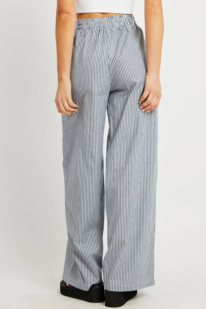 Black Stripe Wide Leg Pants Elasticated Waist Cozy Comfort Barrel Waist