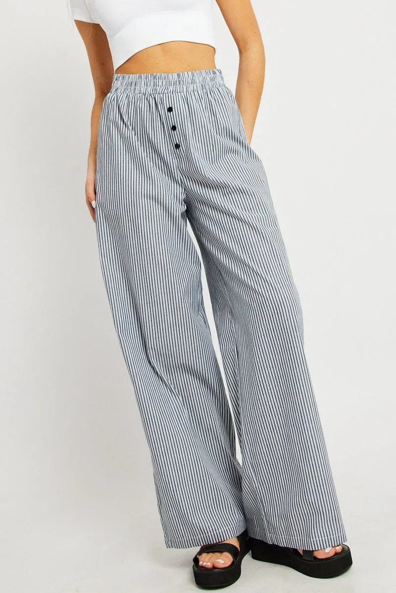 Black Stripe Wide Leg Pants Elasticated Waist Essential Wear FlexibleKnees