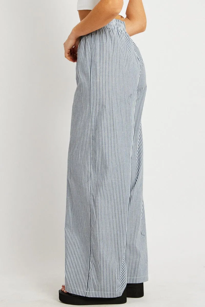 Flatlock Seams Black Stripe Wide Leg Pants Elasticated Waist