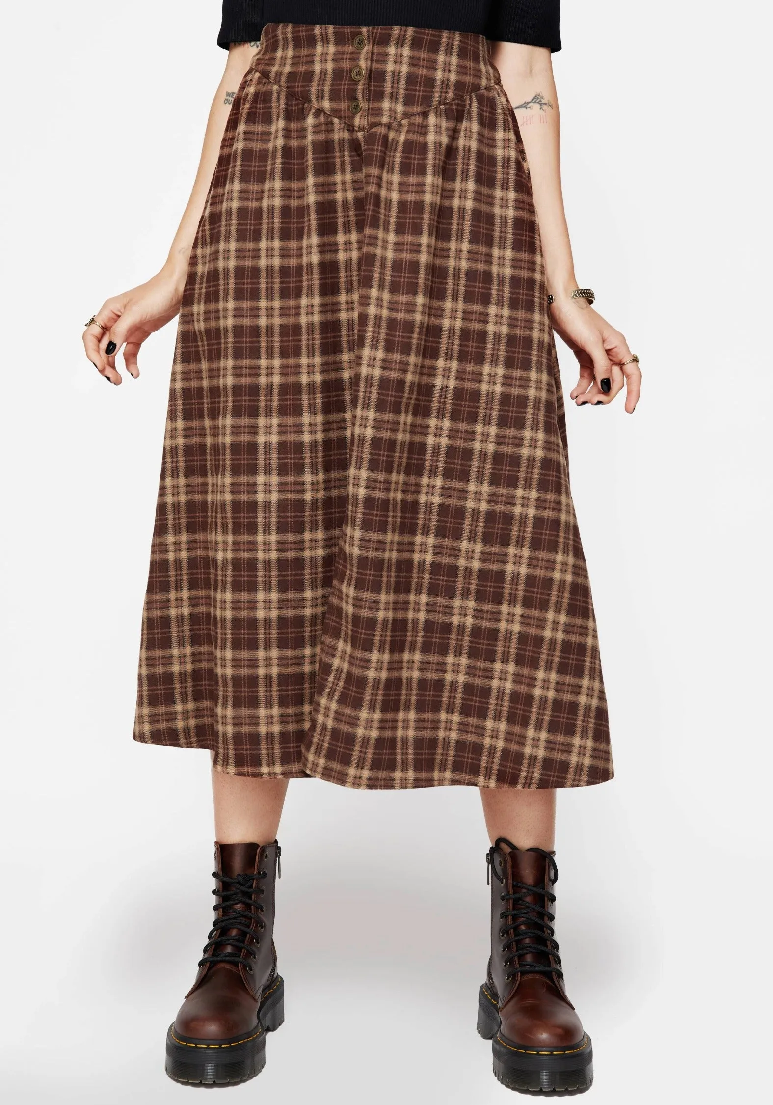 Milo Check Button Down Front Split Midi Skirt Smooth Texture Figure Flattering