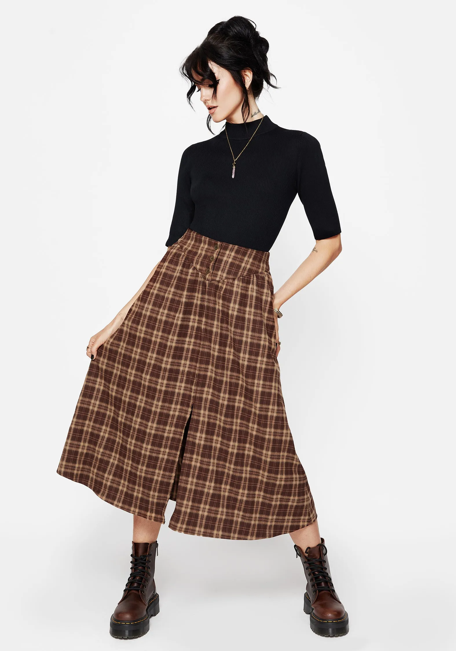Seasonal Must Have Refined Finish Milo Check Button Down Front Split Midi Skirt