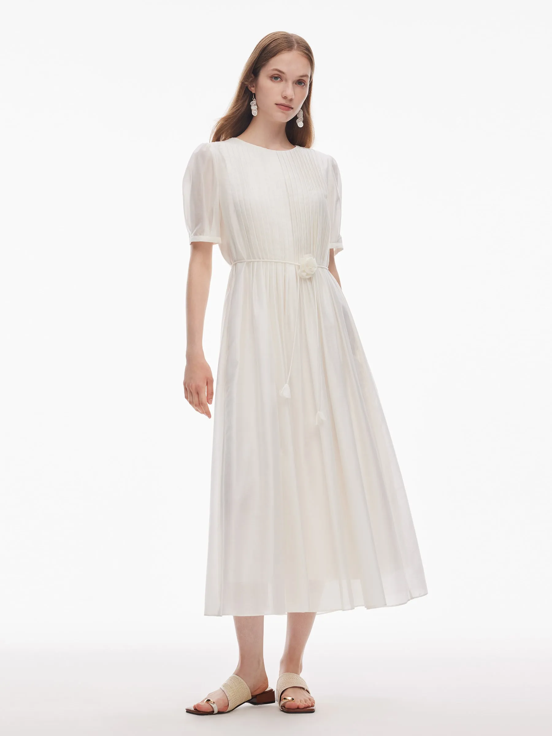 Tencel Blend Pleated Women Loose A-Line Maxi Dress Comfort Fit Web Glow