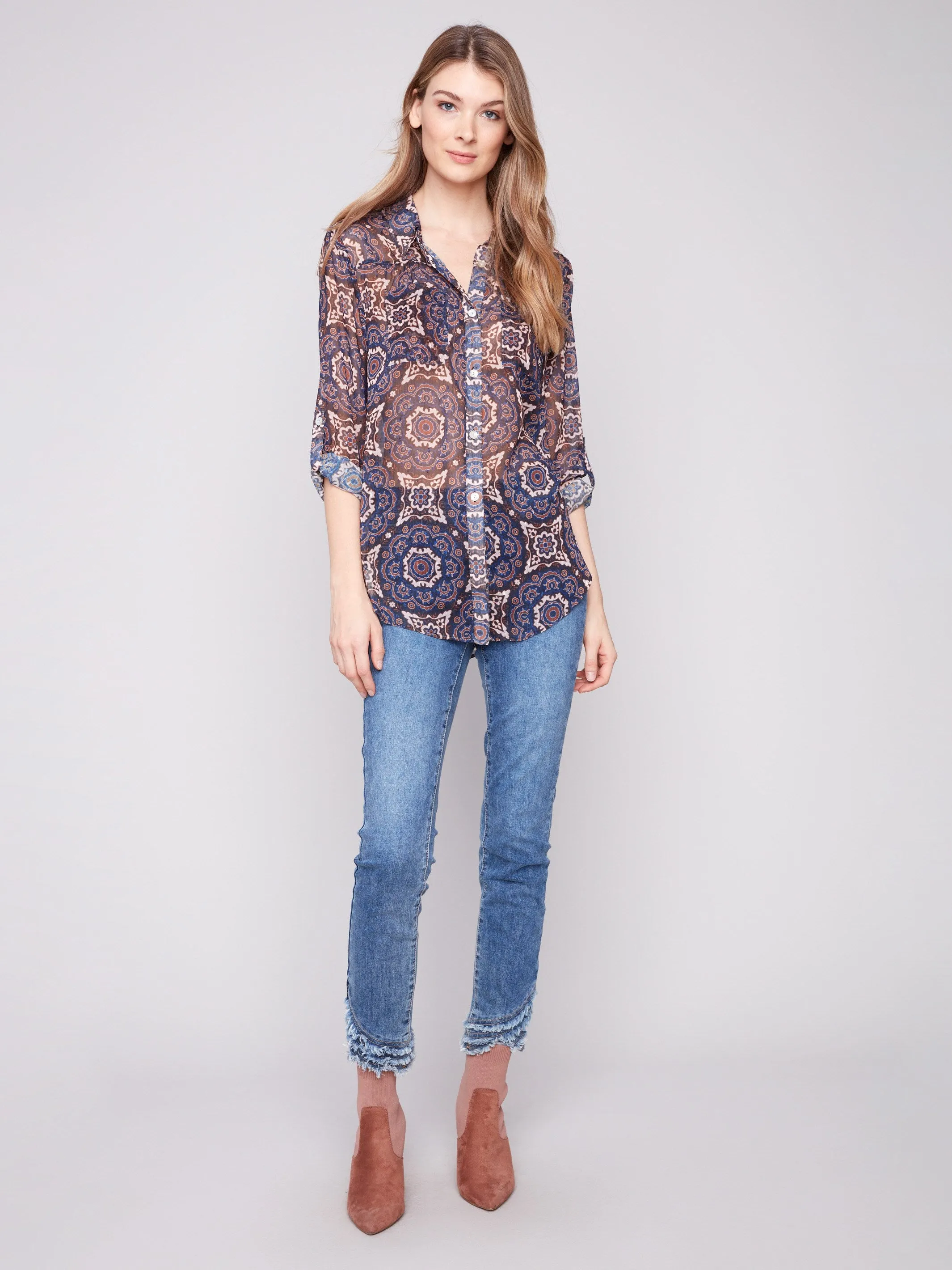 Printed Button-Up Blouse - Medallion Comfortable Outerwear DurableStitching
