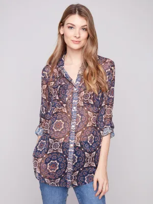 Printed Button-Up Blouse - Medallion Hero Mode