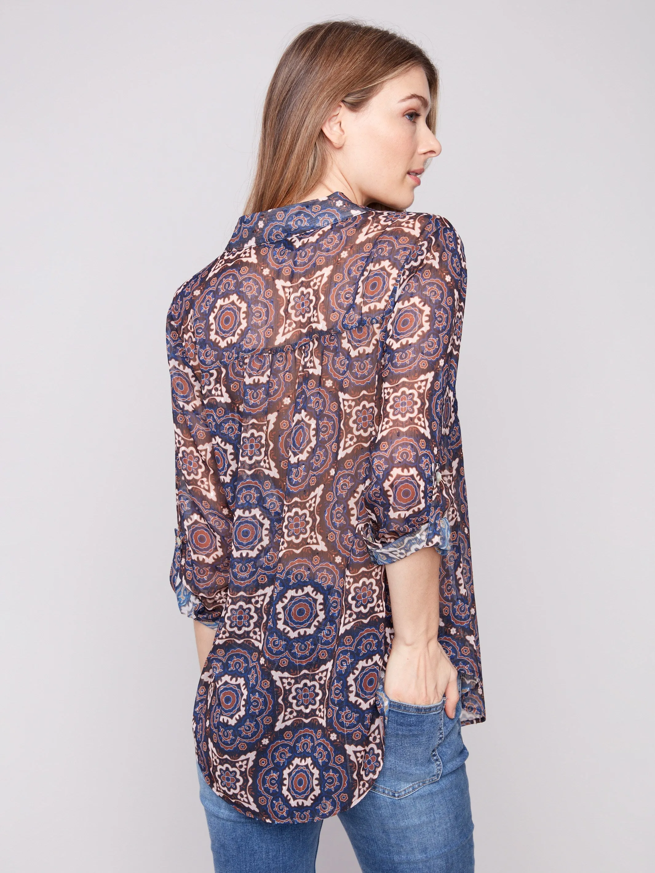 Printed Button-Up Blouse - Medallion Commute Ease QuickDryingTech