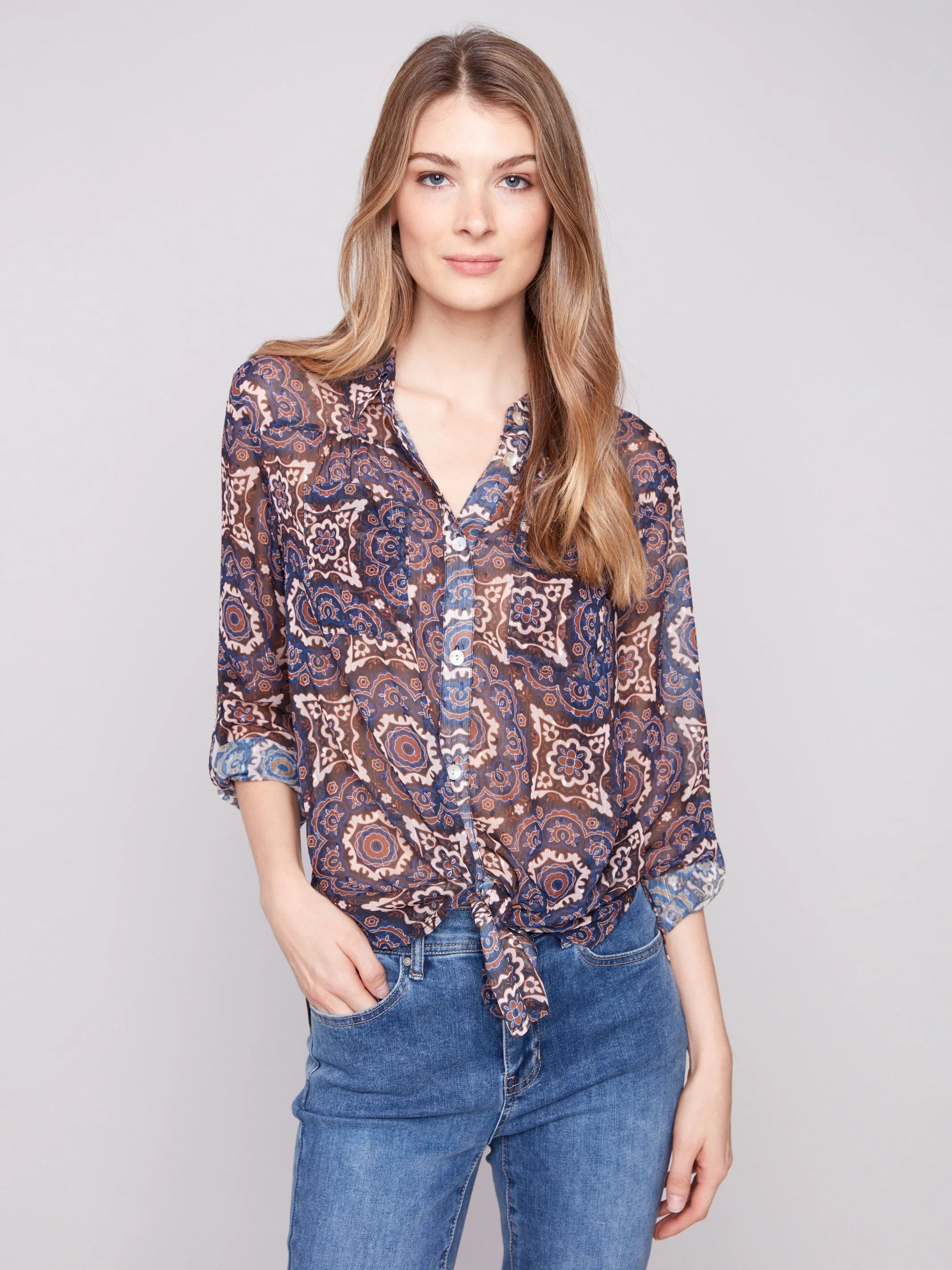 QuickPackable Design Casual Pants Printed Button-Up Blouse - Medallion