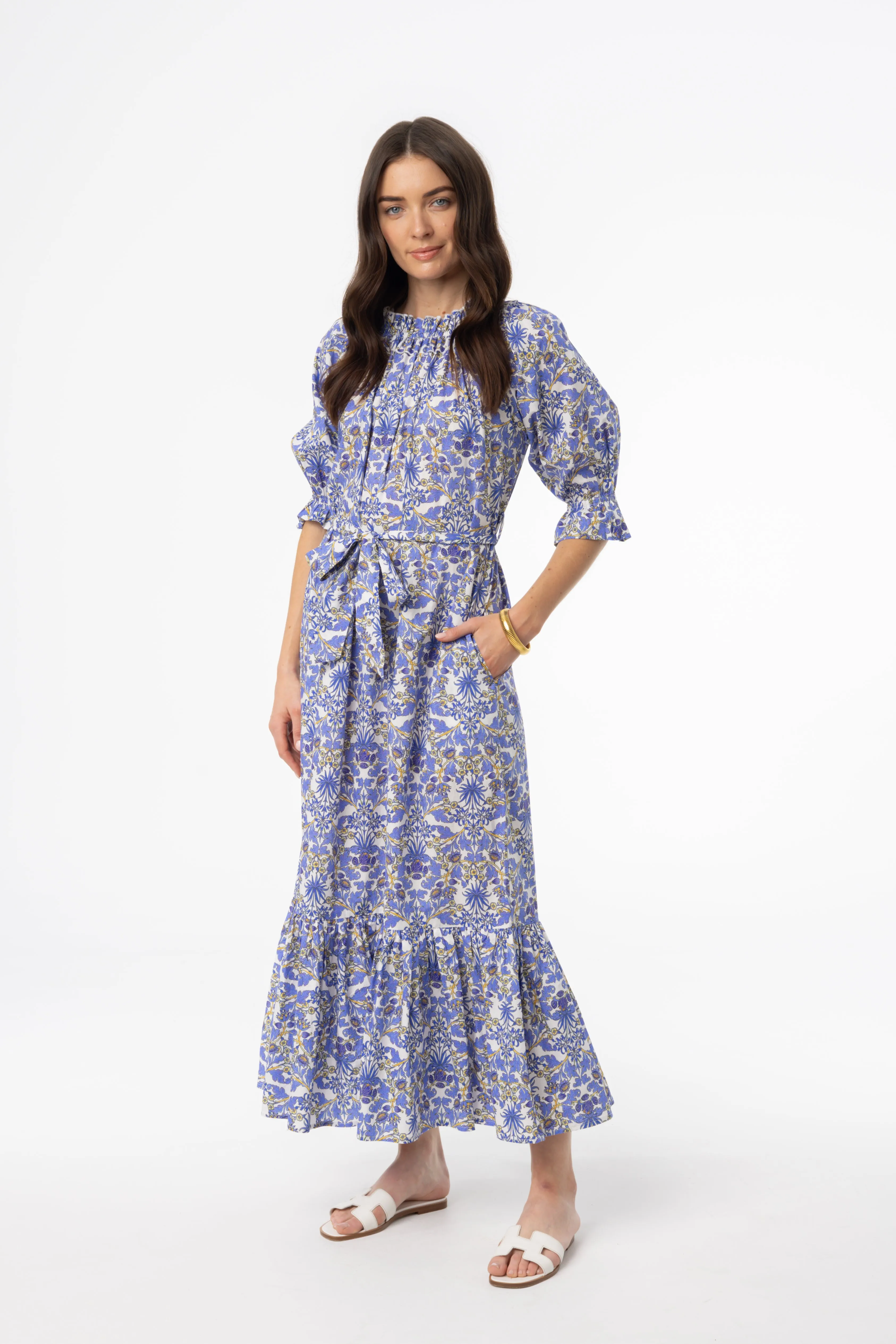 Blue Paisley Maxi Dress UVProtective Coating Pearl Tone