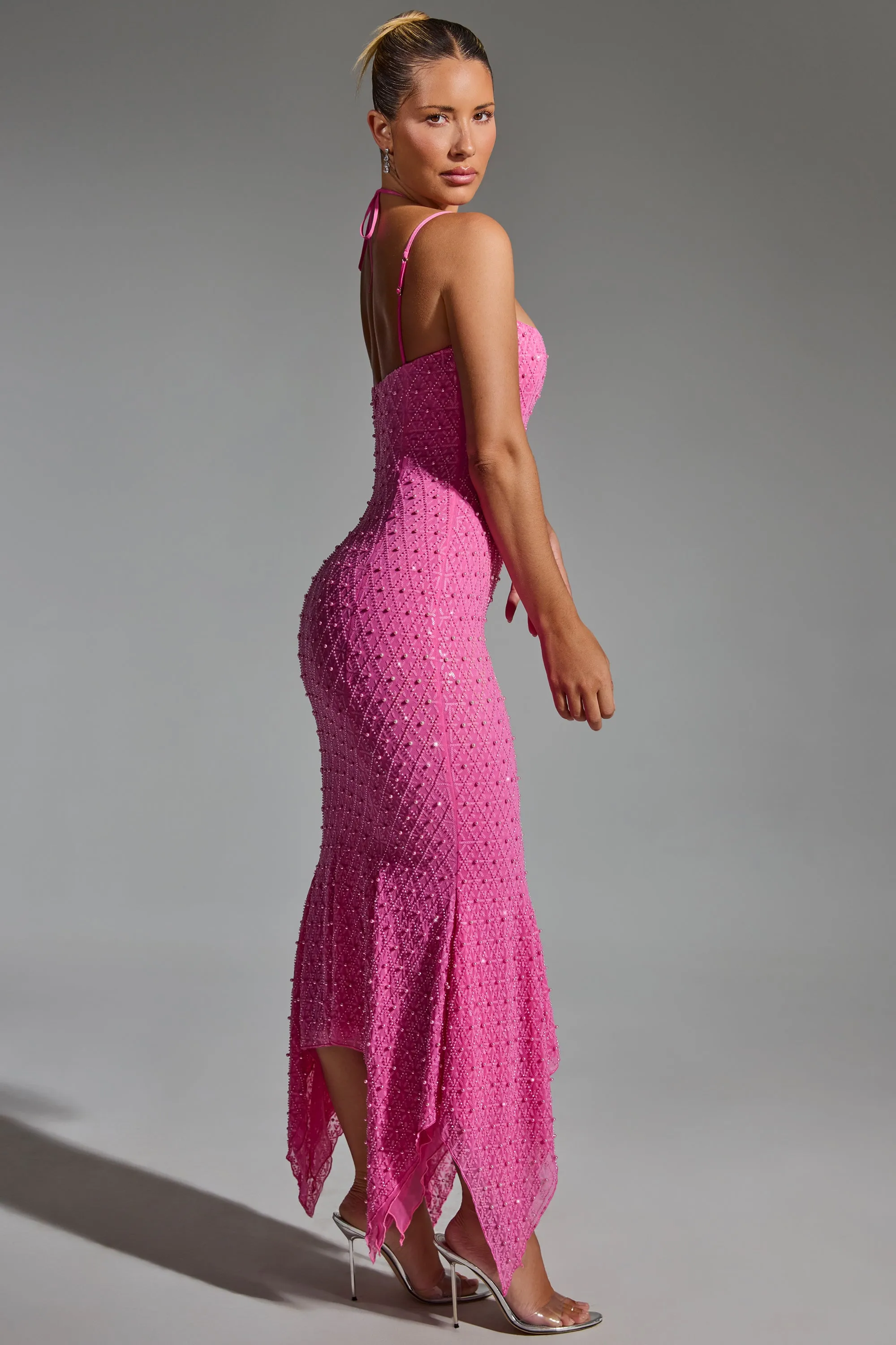 Trust Glow Day Off Embellished Cut-Out Asymmetric Midaxi Dress in Hot Pink