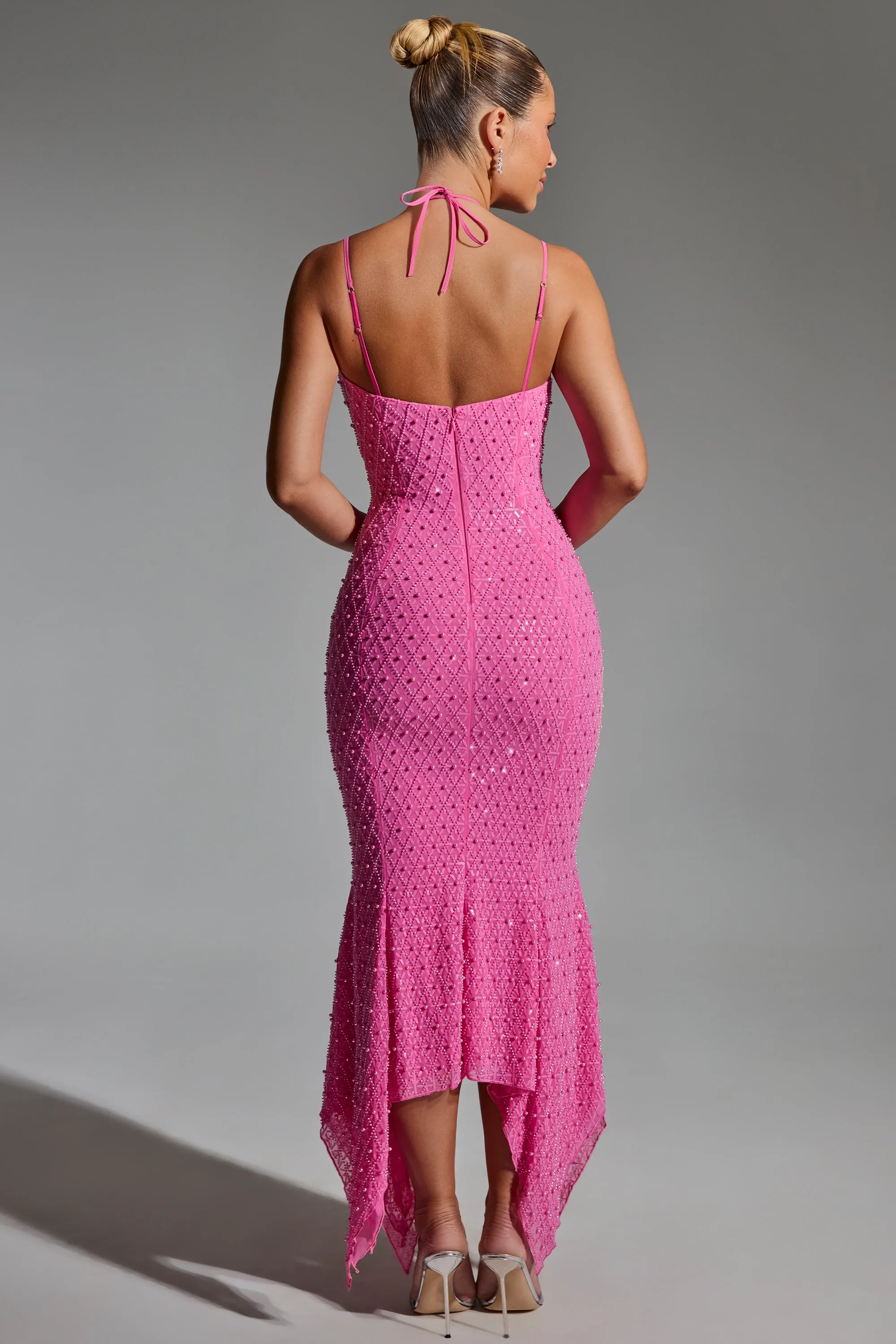 SnagProofMaterial Embellished Cut-Out Asymmetric Midaxi Dress in Hot Pink