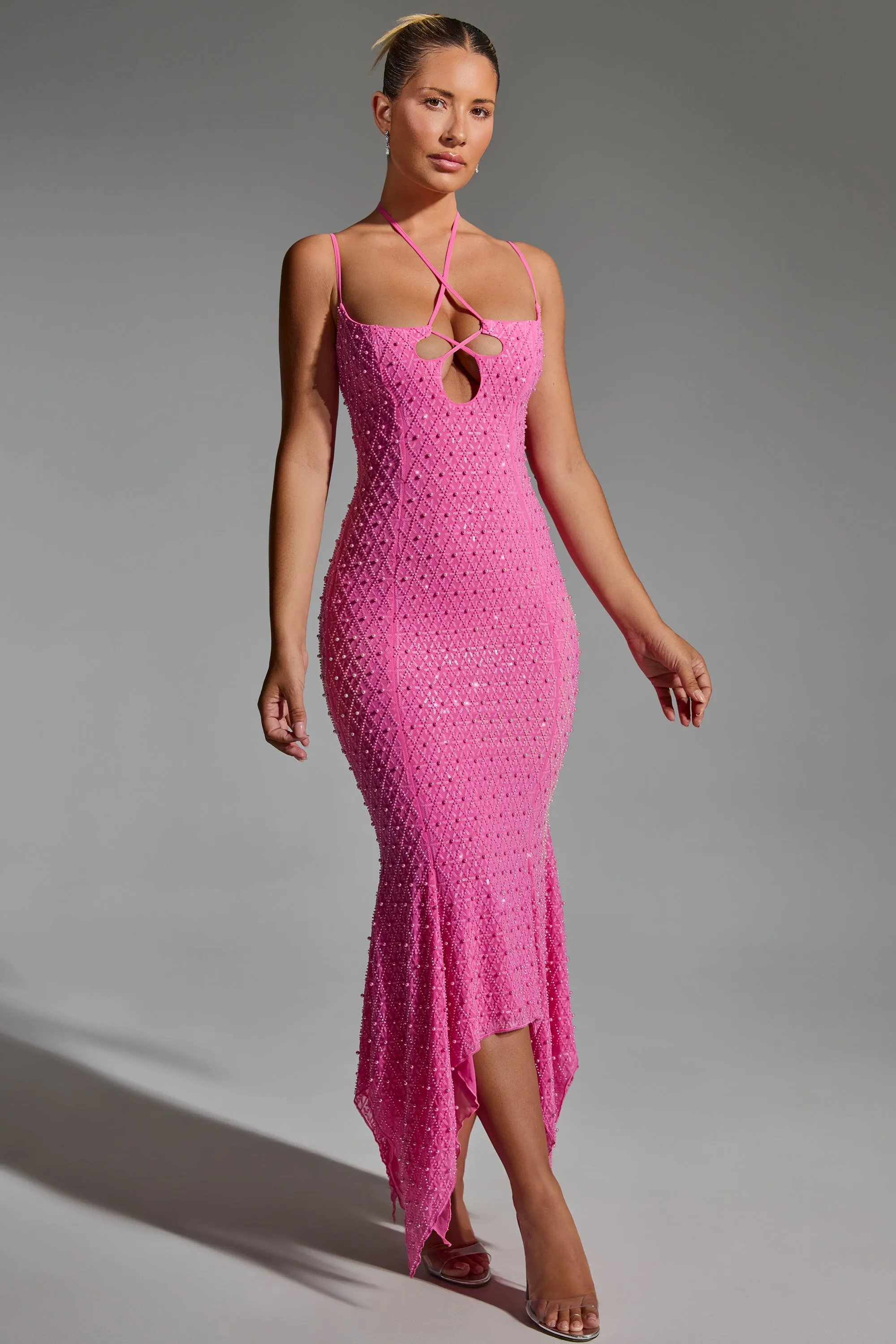 HighVisibility Embellished Cut-Out Asymmetric Midaxi Dress in Hot Pink