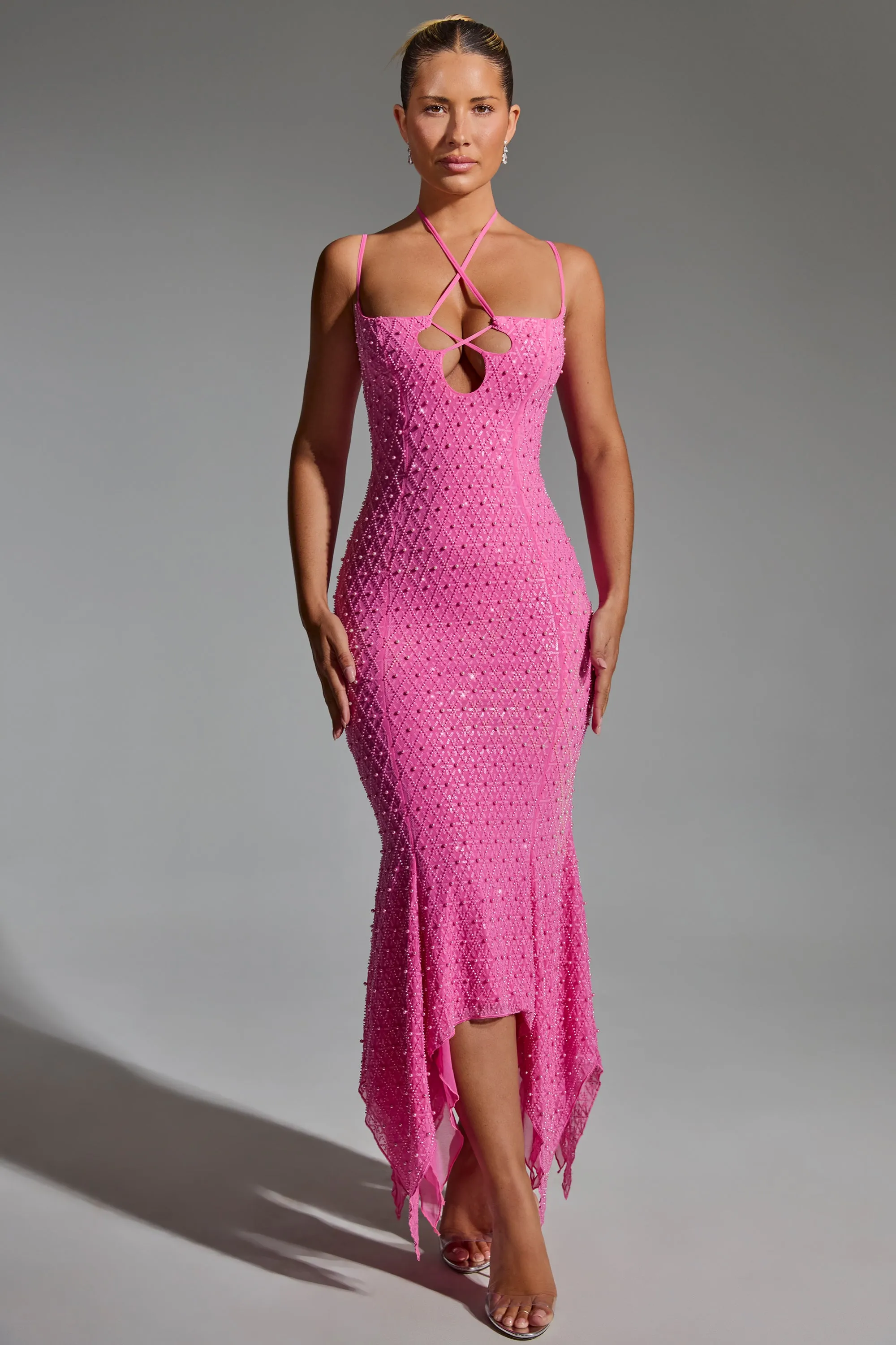 Happy Core Embellished Cut-Out Asymmetric Midaxi Dress in Hot Pink