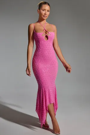 HighVisibility Embellished Cut-Out Asymmetric Midaxi Dress in Hot Pink