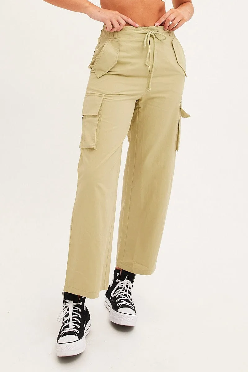 High Waist Stretch Classic Fit Green Cargo Pants Relaxed Wide Leg