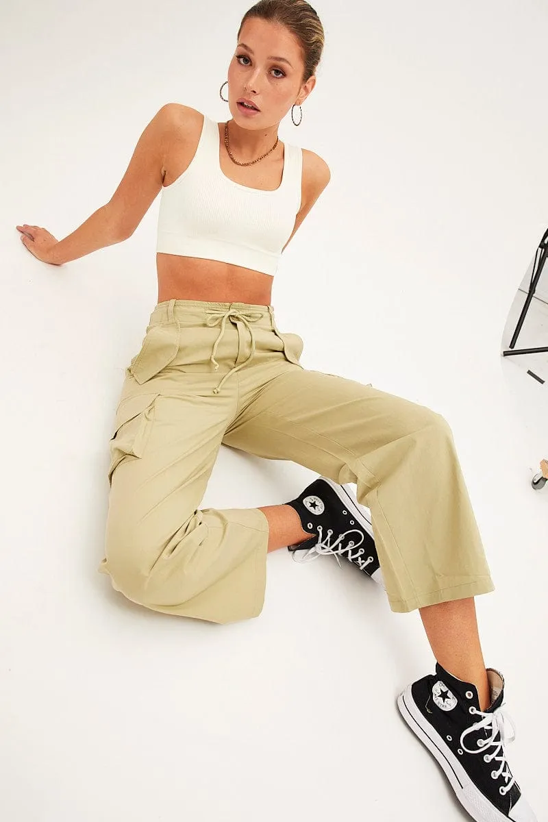 High Waist Stretch Green Cargo Pants Relaxed Wide Leg