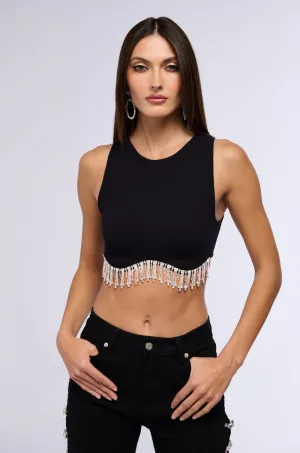 Full Zip Front Closure Sun Safe MAKE YOU BELIEVE IT RHINESTONE FRINGE TANK IN BLACK