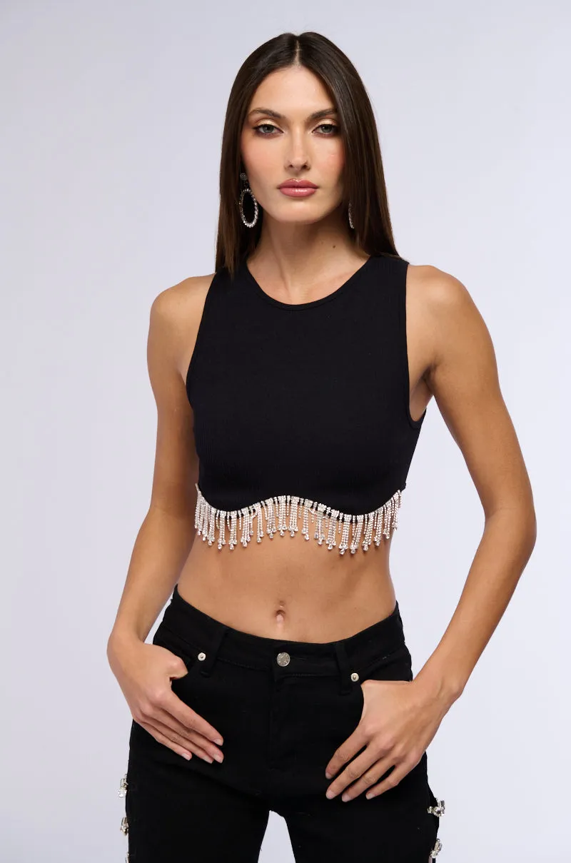 Full Zip Front Closure Sun Safe MAKE YOU BELIEVE IT RHINESTONE FRINGE TANK IN BLACK