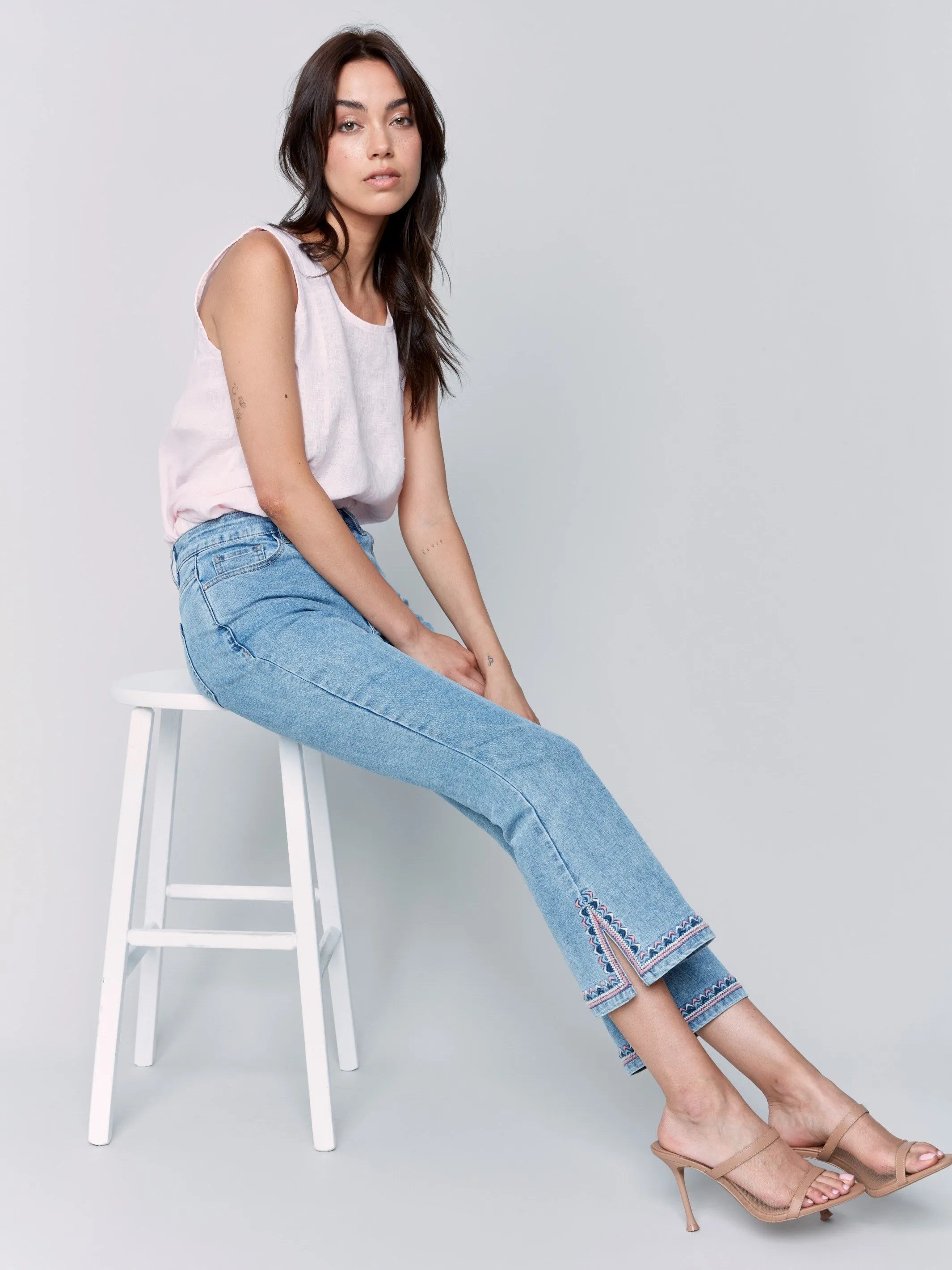 Cropped Bootcut Jeans with Embroidered Side Slit - Light Blue Sharp Vibe Day Ready