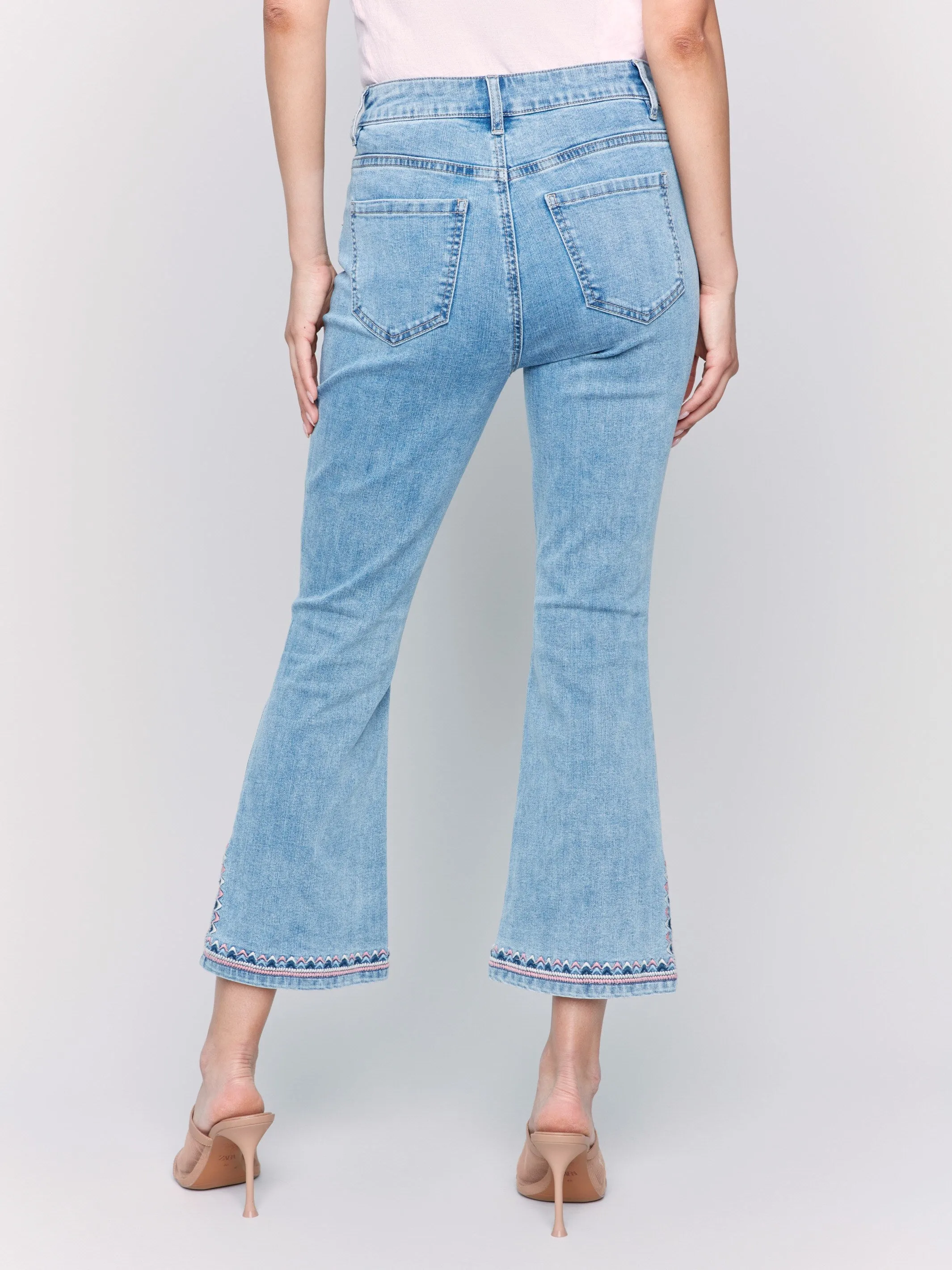 Cropped Bootcut Jeans with Embroidered Side Slit - Light Blue Slim Modern Versatile Relaxed Style