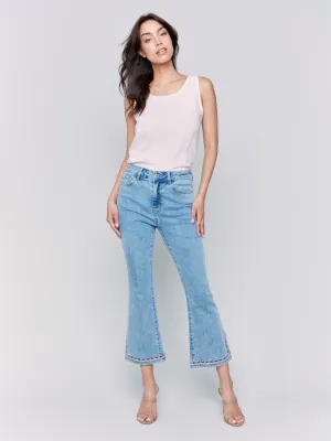 All Occasion Layered Look Cropped Bootcut Jeans with Embroidered Side Slit - Light Blue