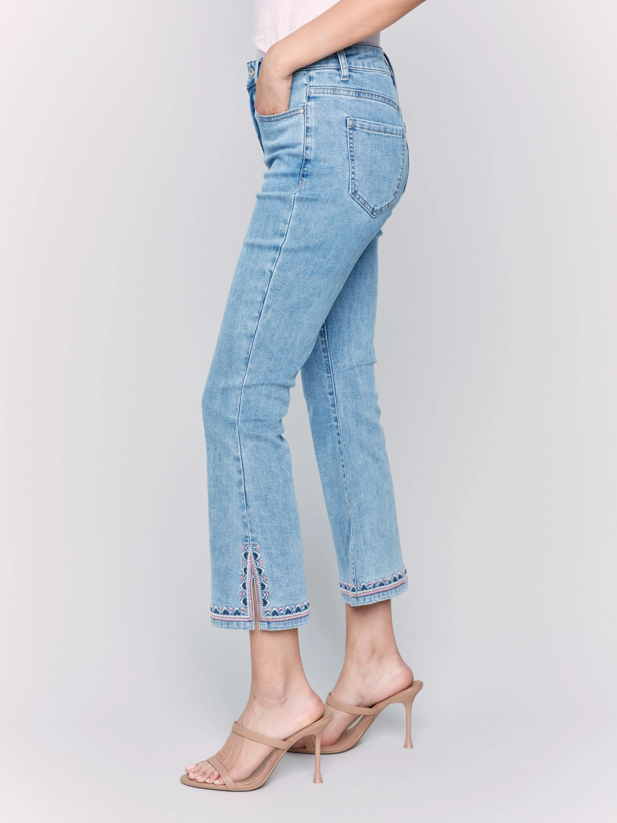 Cropped Bootcut Jeans with Embroidered Side Slit - Light Blue Elegant Vibrant Textured
