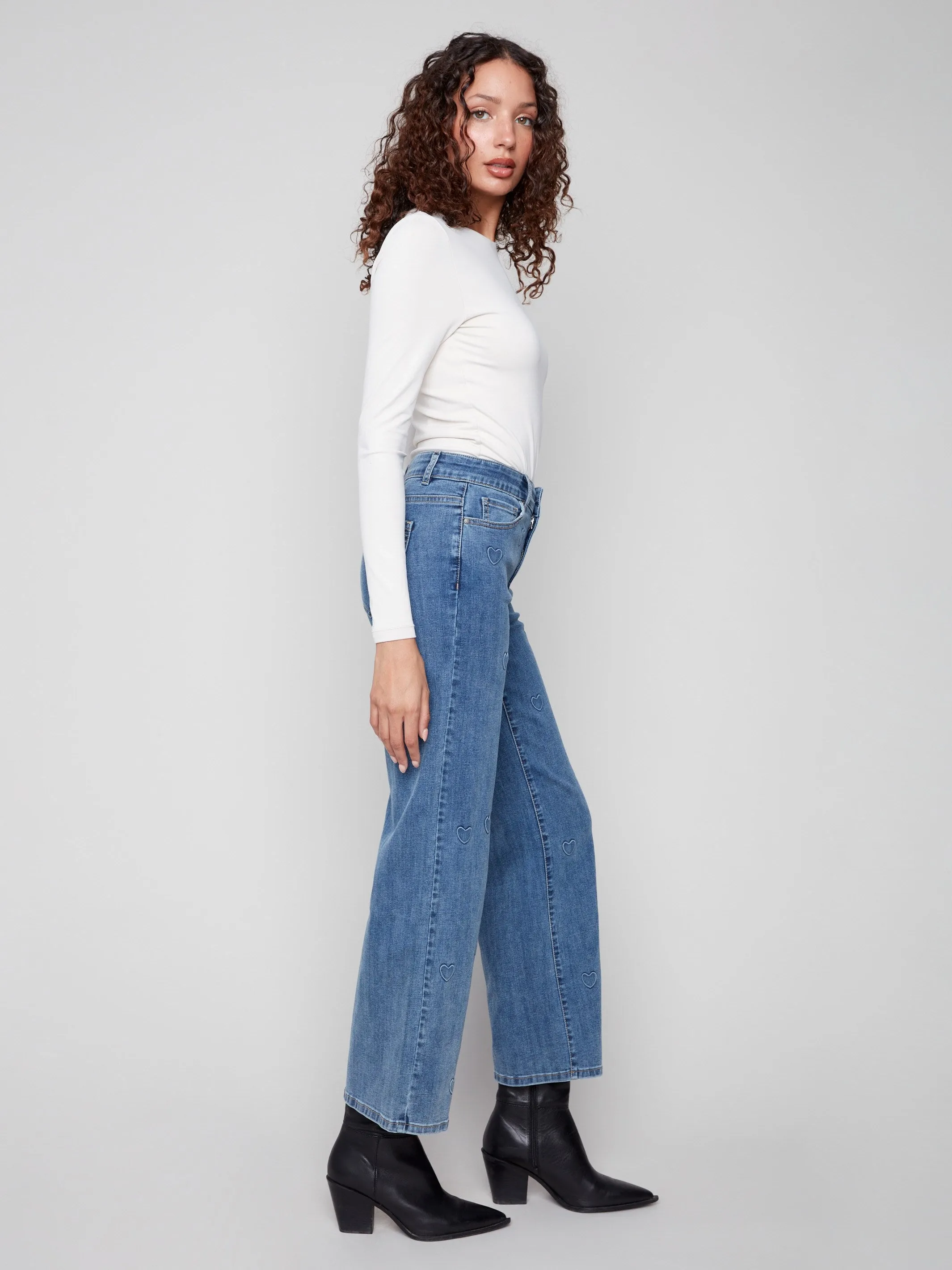 Spring Mood Smooth Work Meeting Wide Leg Jeans With All-Over Hearts - Denim Hearts