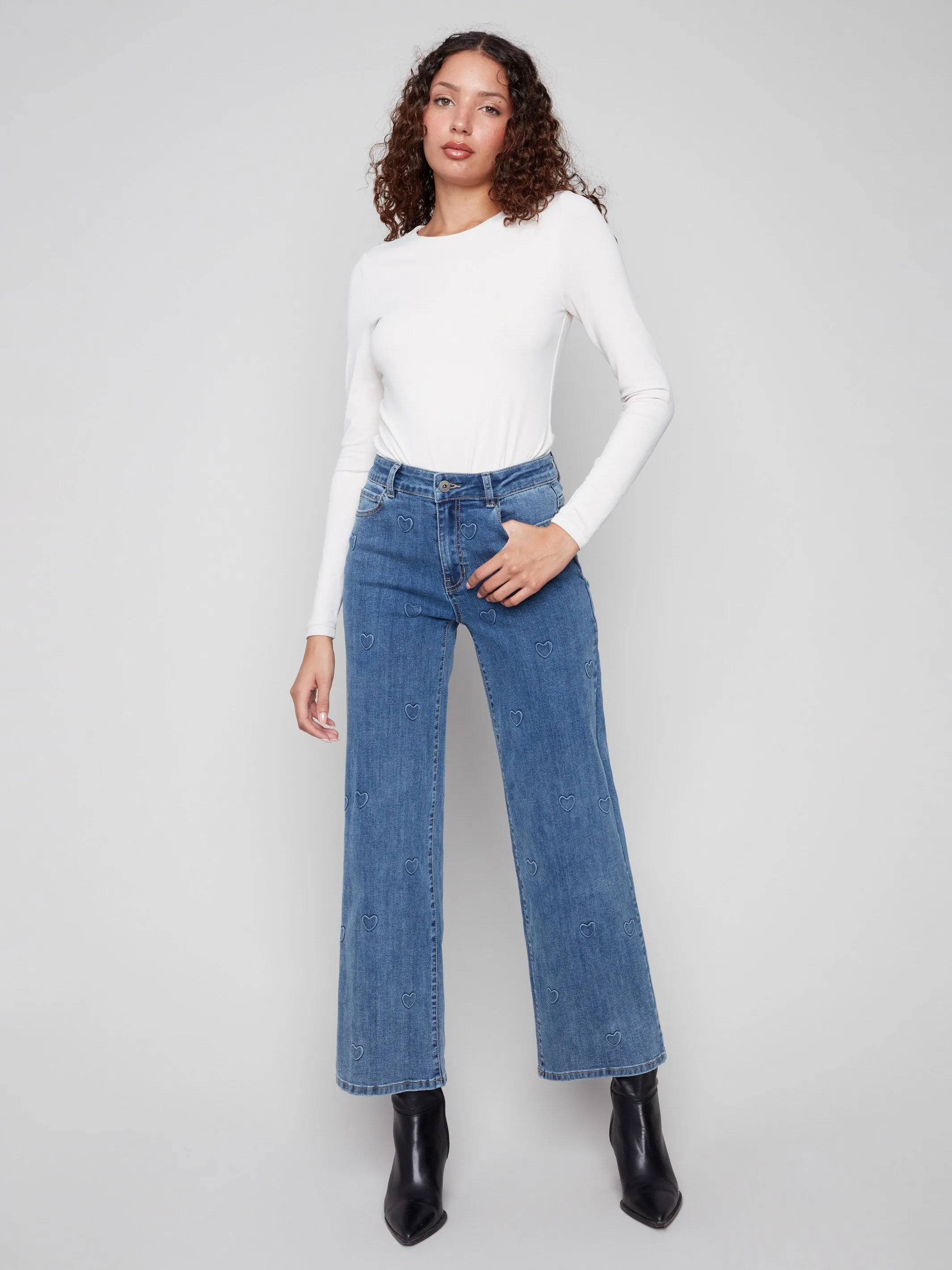 Everyday Fashion Lover Earthy Streetwear Fan Nature Lover Wide Leg Jeans With All-Over Hearts - Denim Hearts