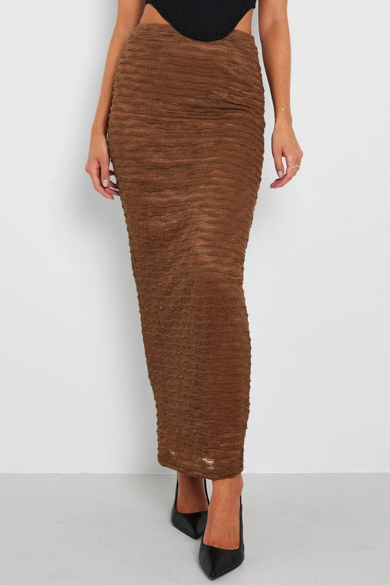 Smart Casual lace accents Brown Maxi Skirt High Rise Textured Fabric
