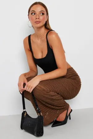 Brown Maxi Skirt High Rise Textured Fabric Wardrobe Classic