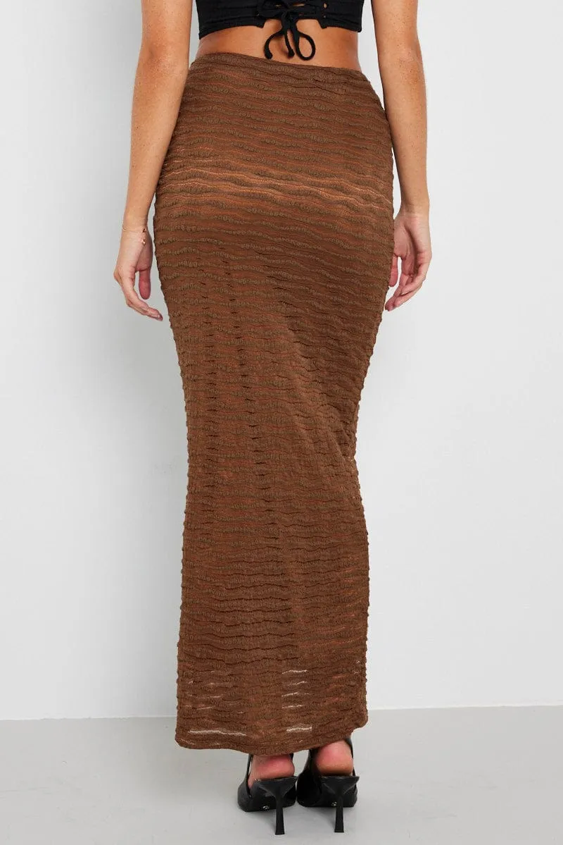 Brown Maxi Skirt High Rise Textured Fabric Clean Cut