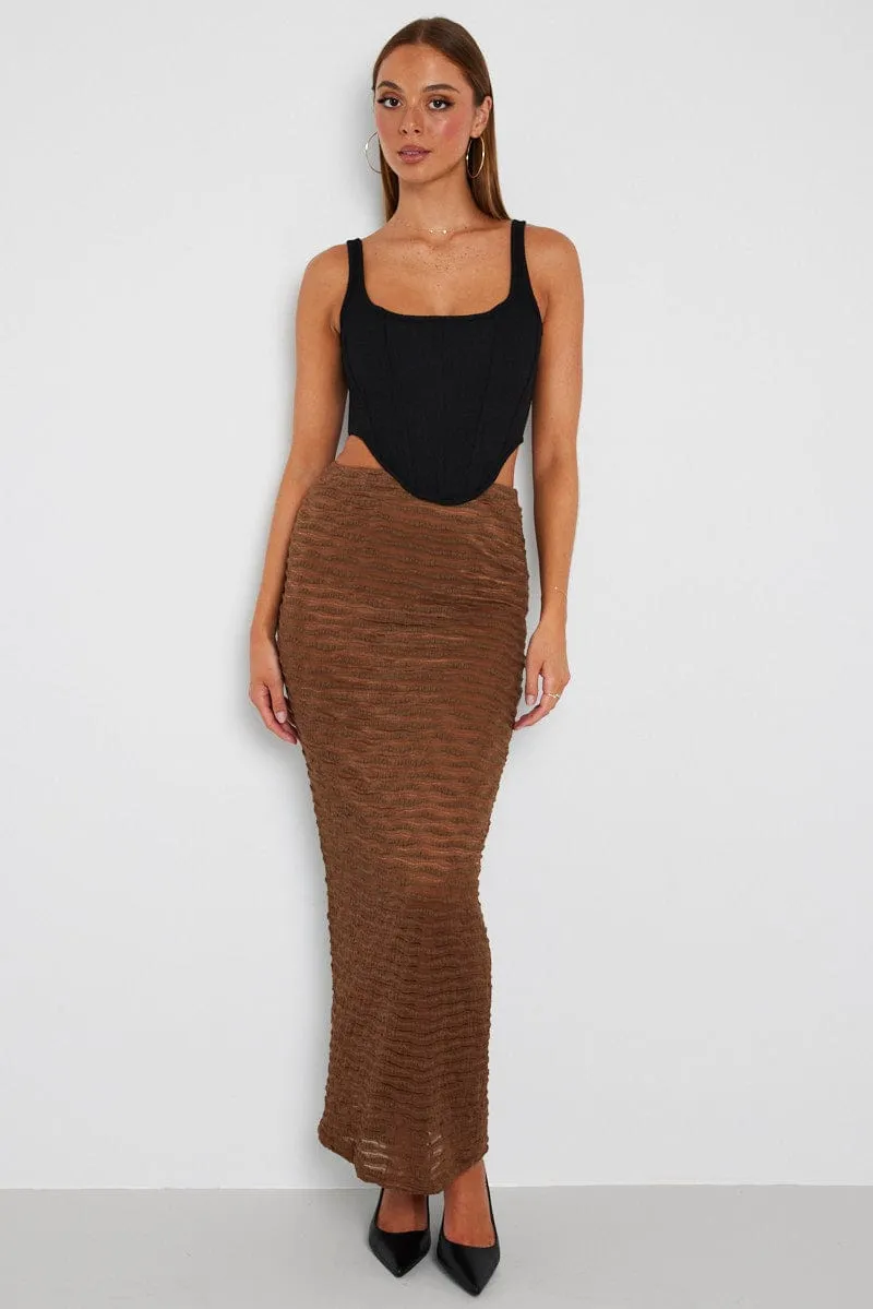 Washable fabric smooth zipper Brown Maxi Skirt High Rise Textured Fabric