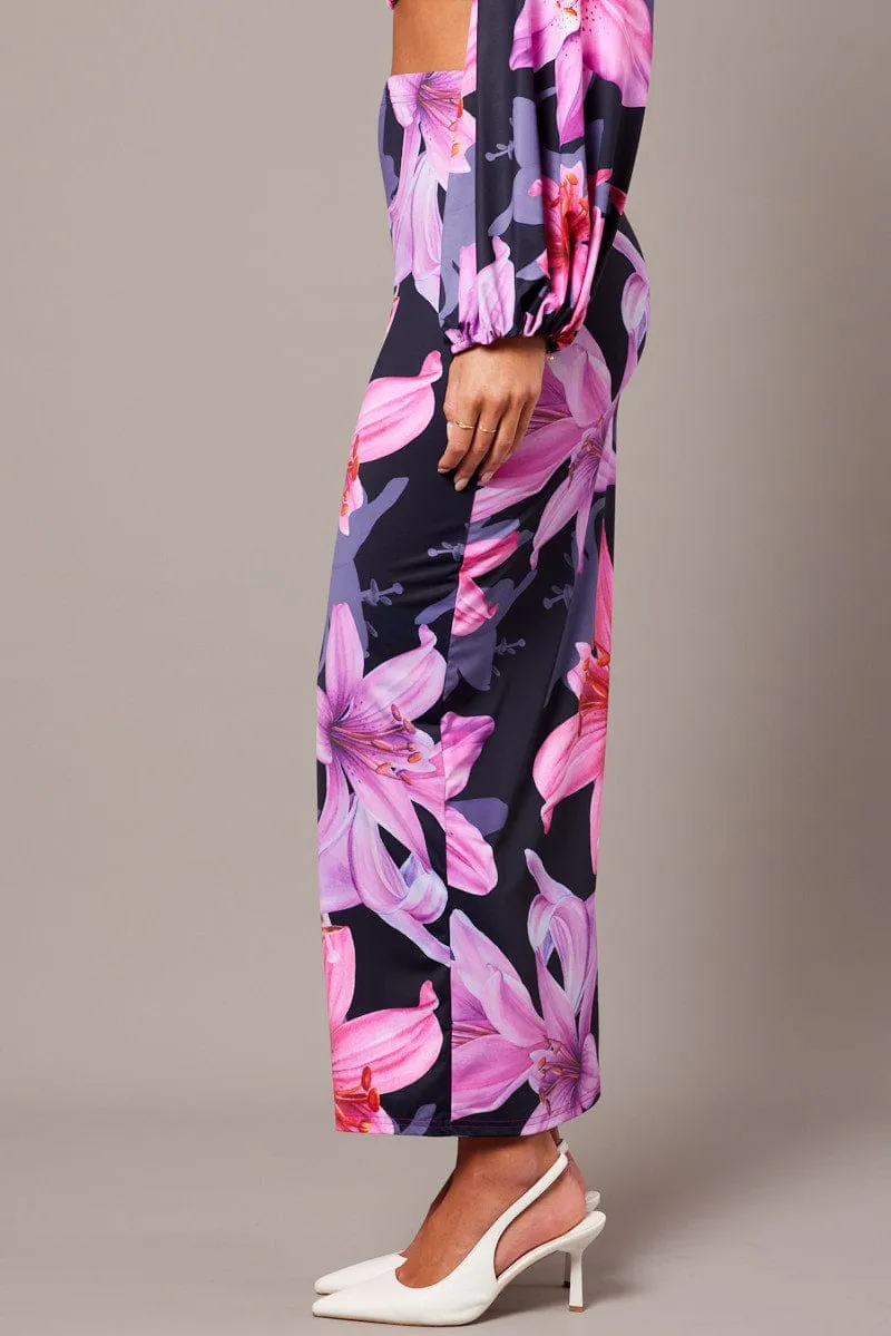 Seasonal special Pink Floral Maxi Skirt Tube Side Split Skirt