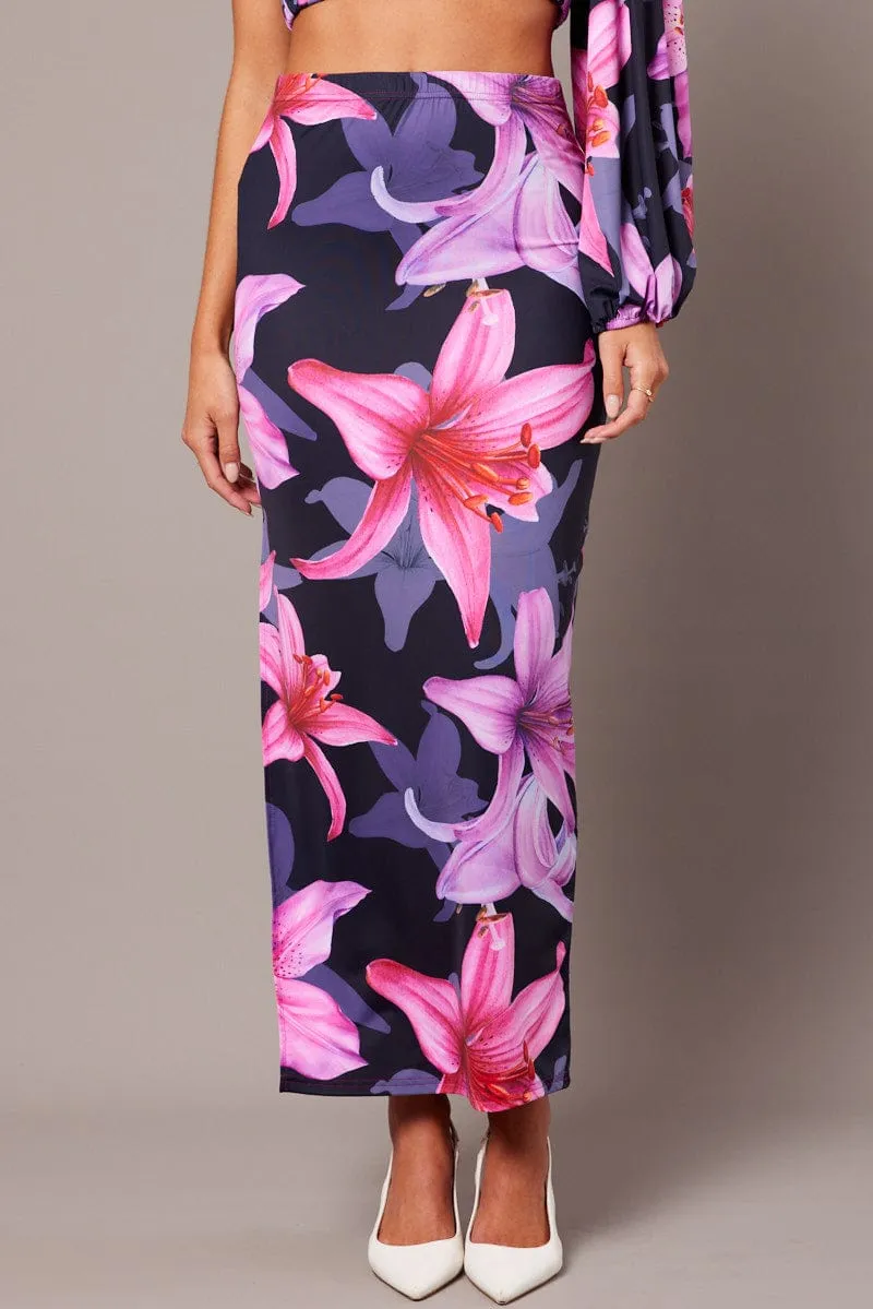Chic Look Date night Pink Floral Maxi Skirt Tube Side Split Skirt