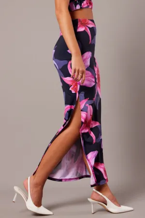 Casual Outfit Pink Floral Maxi Skirt Tube Side Split Skirt