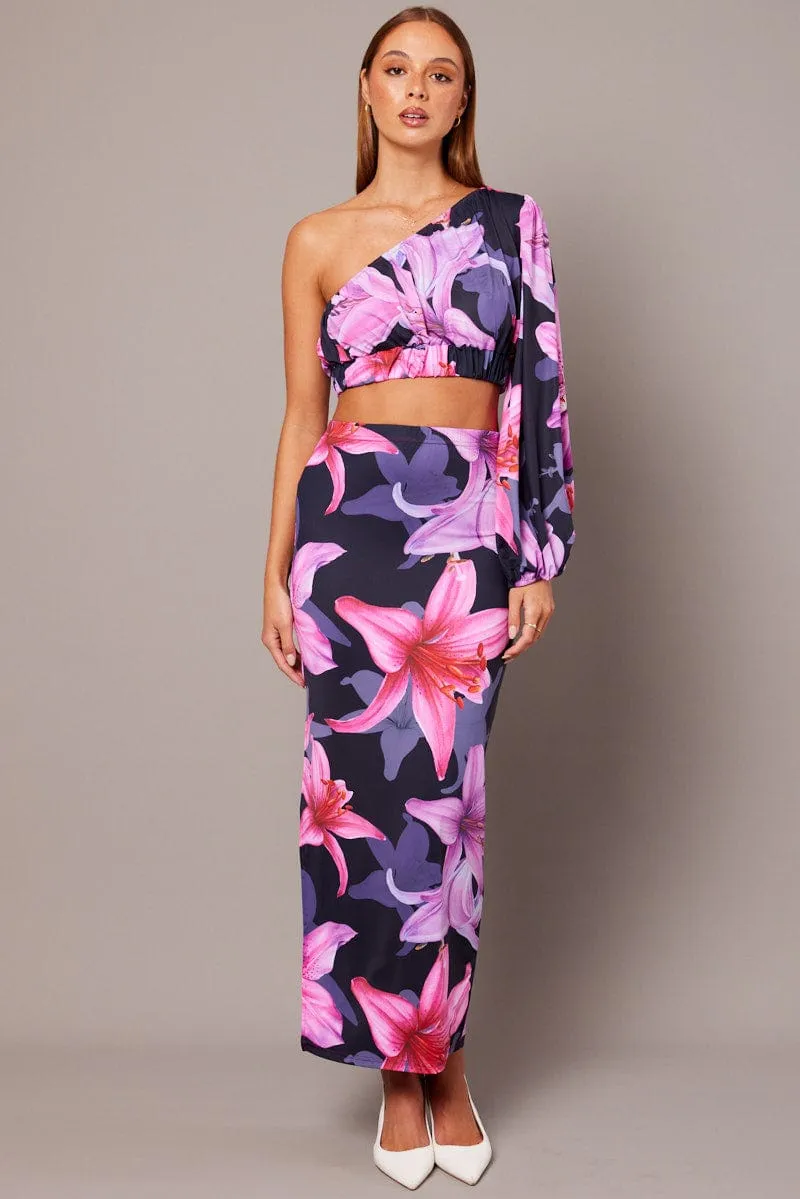 All Day Fit Double Layer Construction Pink Floral Maxi Skirt Tube Side Split Skirt