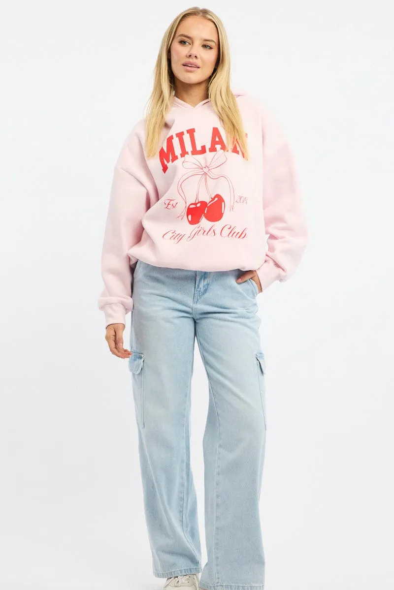 Pink Graphic Sweater Long Sleeve Layer Sporty