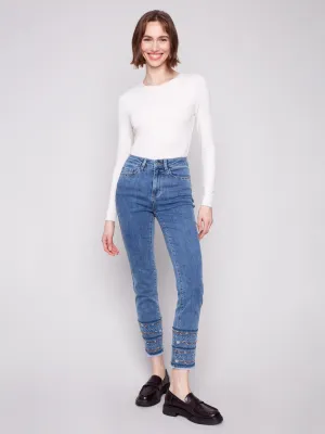 Embroidered Hem Jeans - Medium Blue Smooth zipper closure