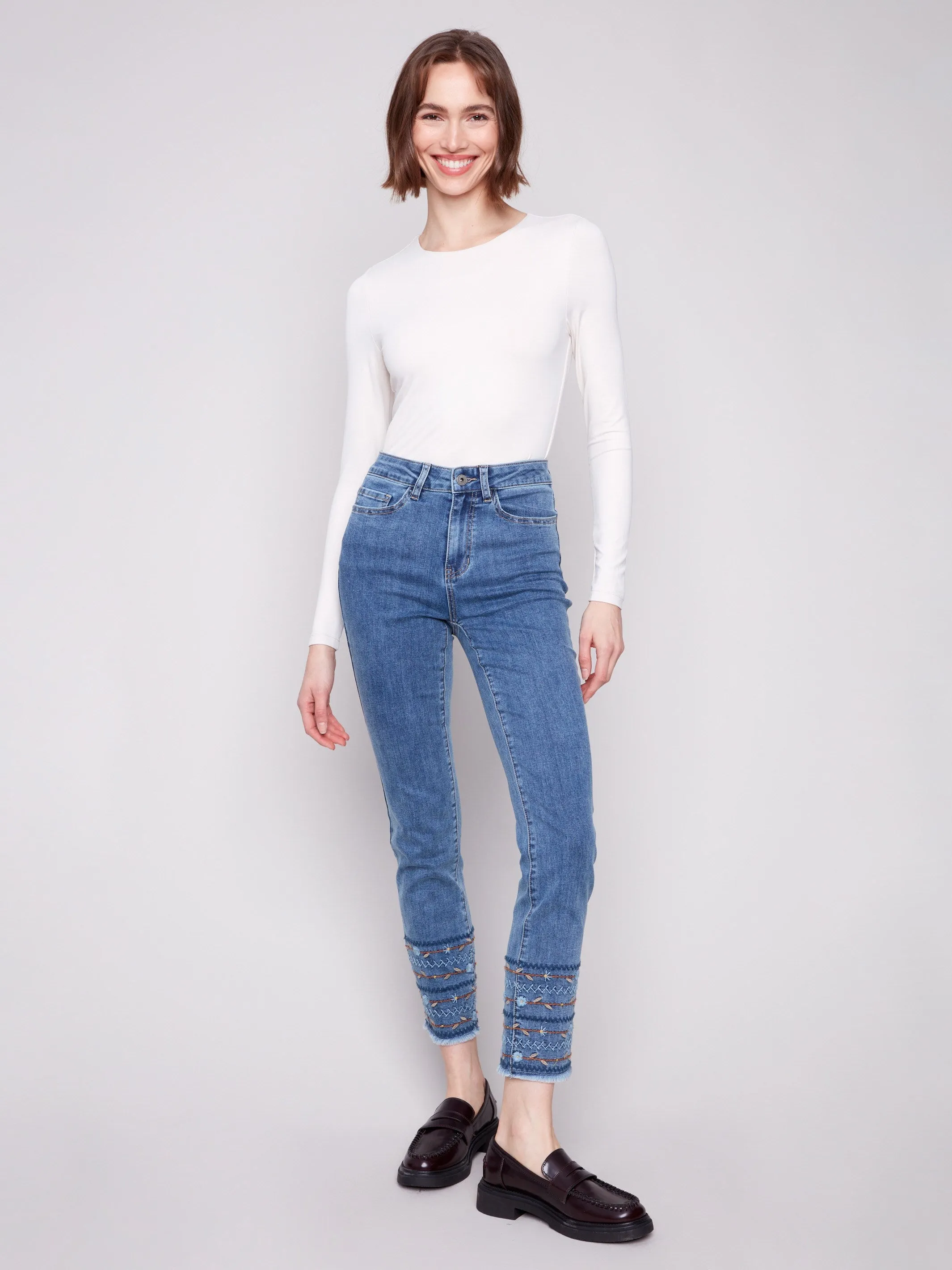 Embroidered Hem Jeans - Medium Blue Smooth zipper closure