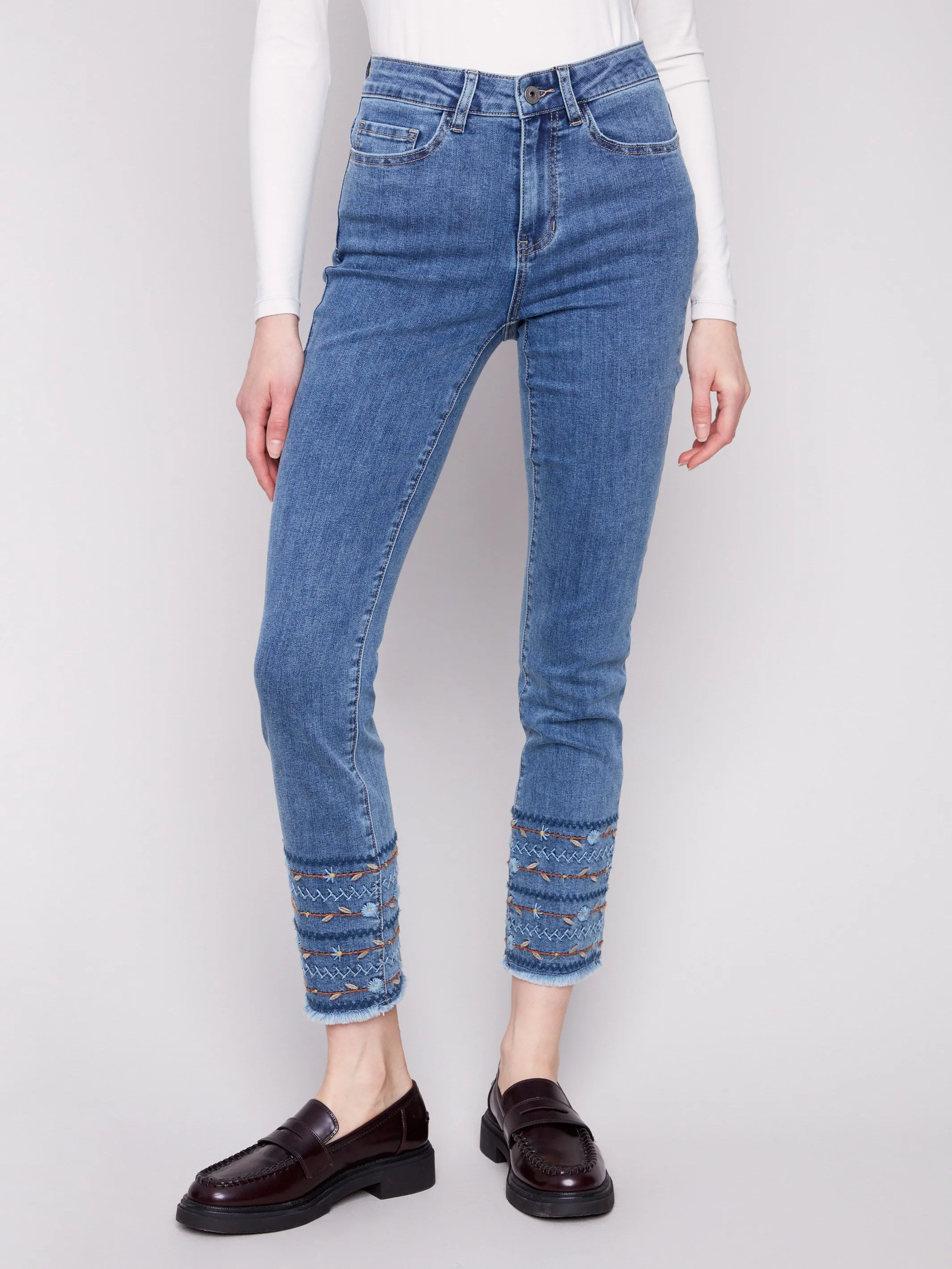 Embroidered Hem Jeans - Medium Blue City Walk Bold Look Functional Style