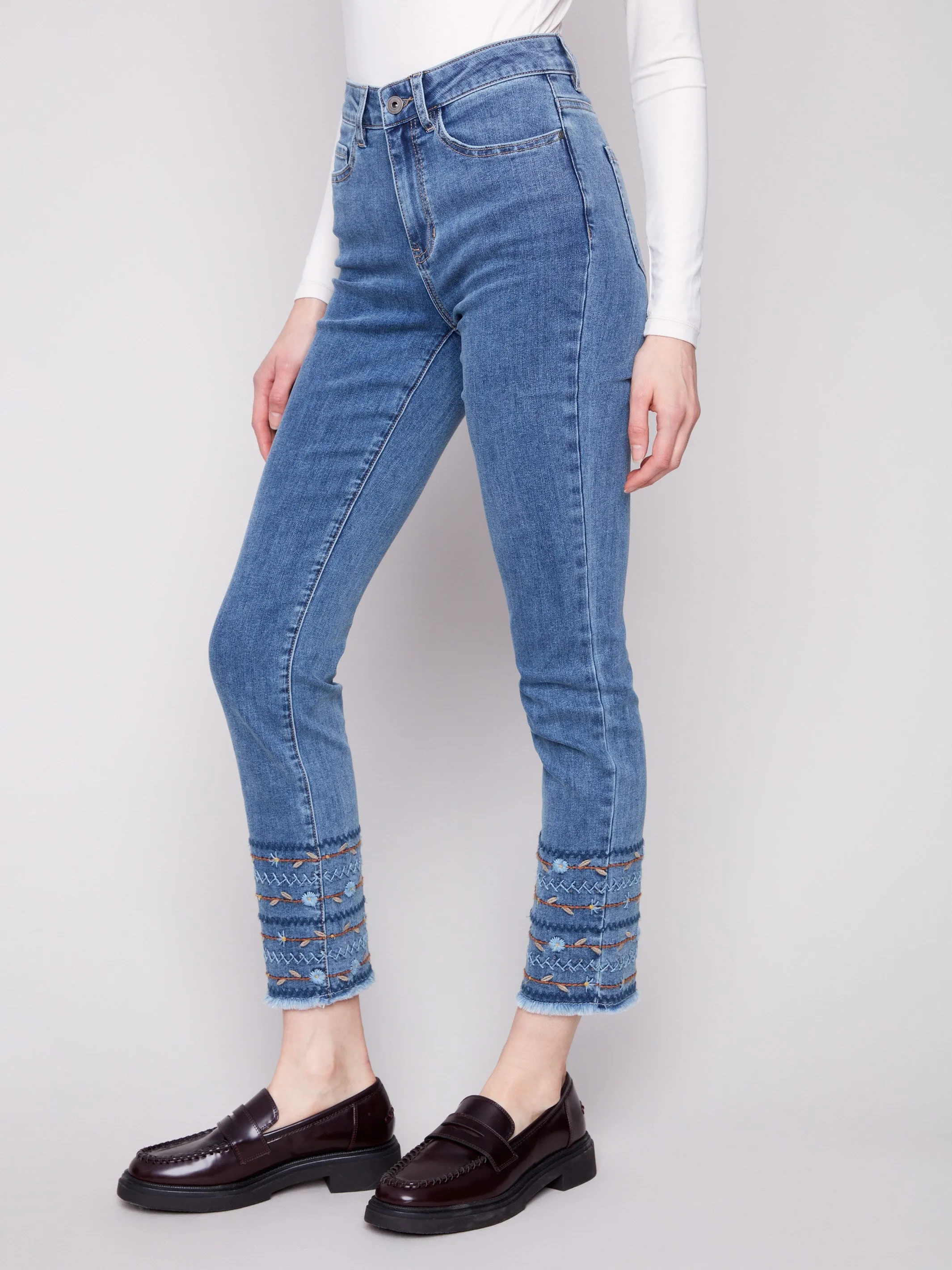 Embroidered Hem Jeans - Medium Blue Flexible Waist