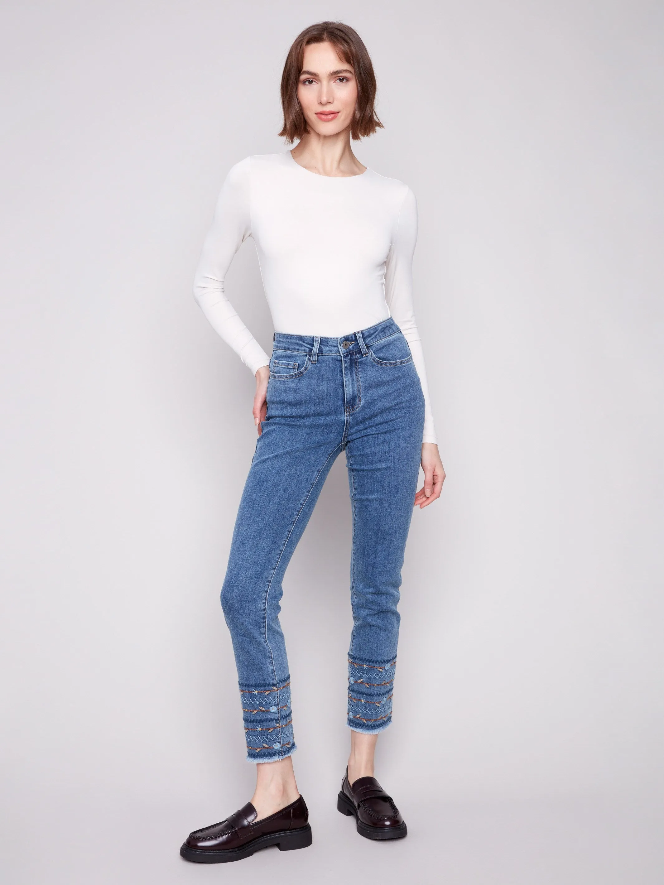 Layer Friendly Piece Fit Ready Embroidered Hem Jeans - Medium Blue