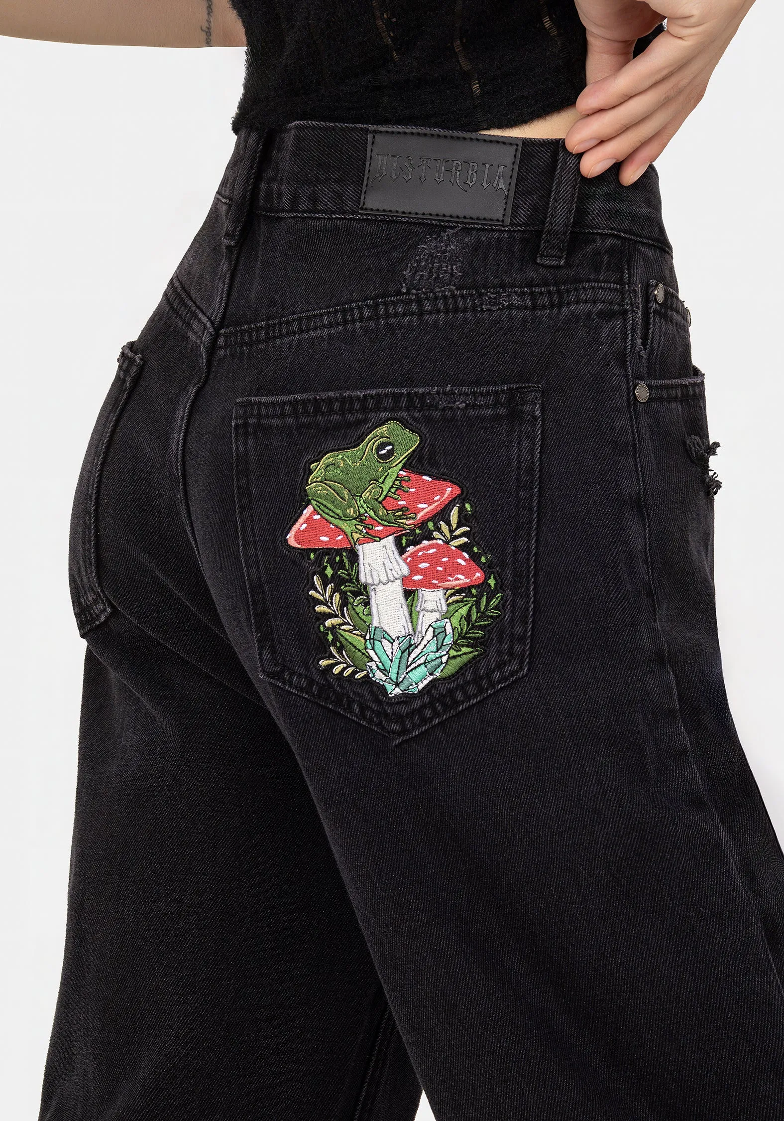 Swamplife Frog Embroidered Distressed Mom Jeans Minimal Look Durable Athlete Fit Travel Outfit