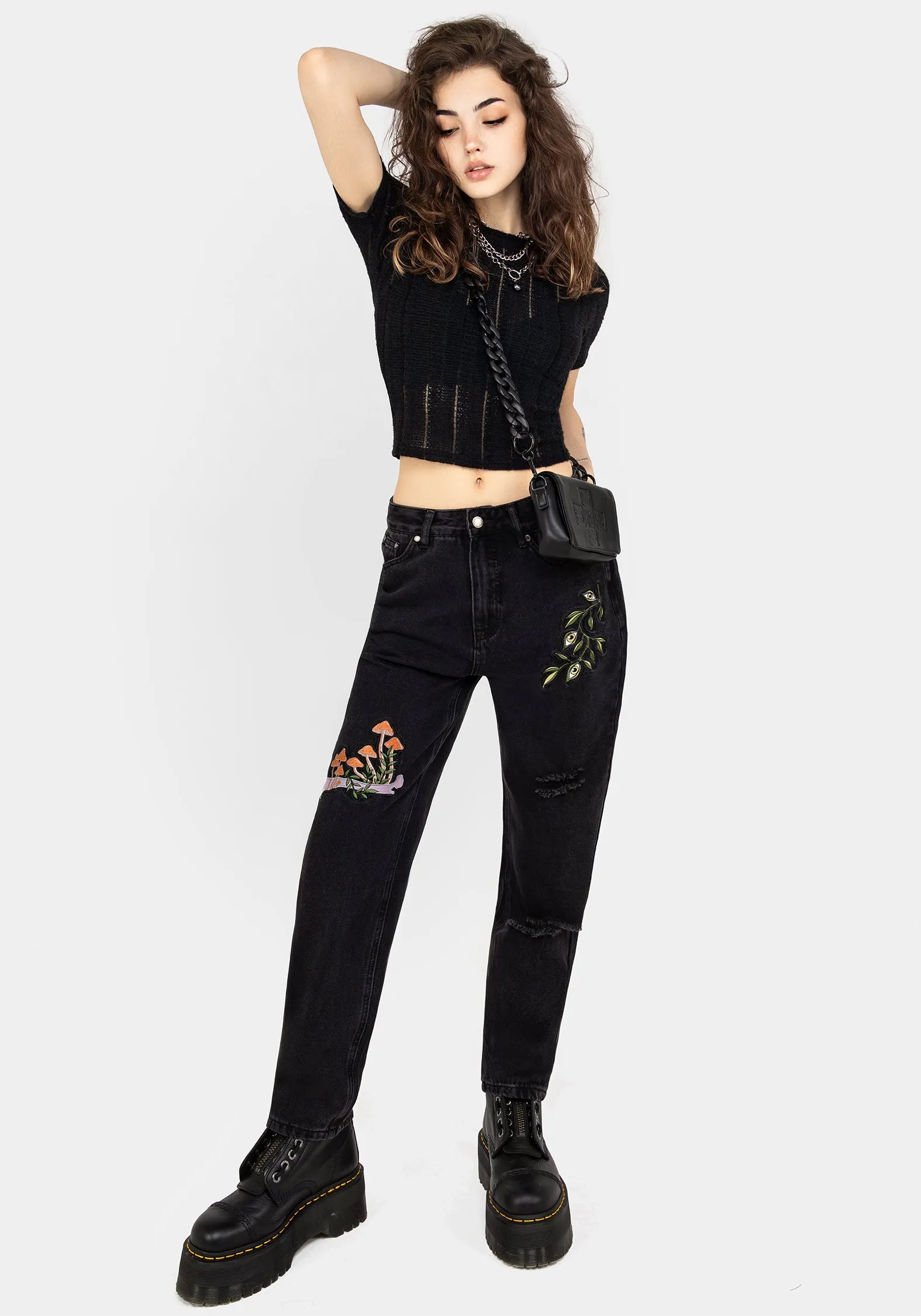 Swamplife Frog Embroidered Distressed Mom Jeans Relaxed Mood