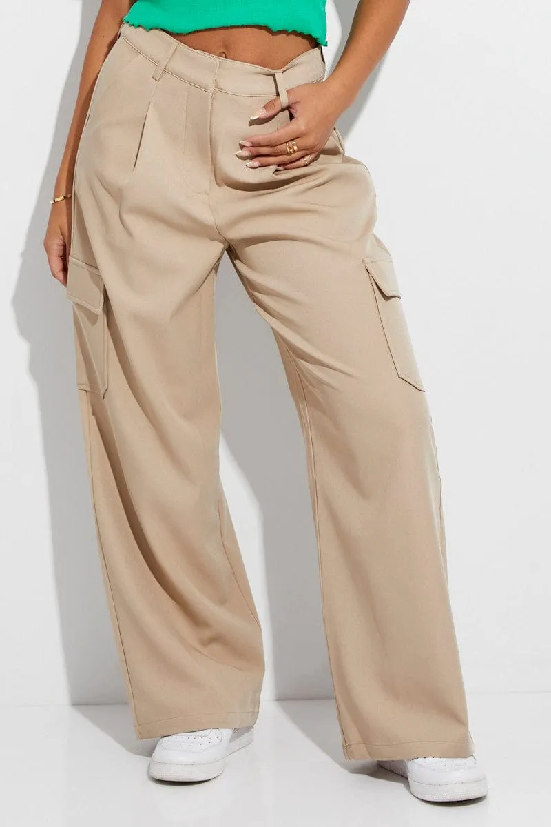 Beige Wide Leg Pants High Rise Cargo Tailored Odor Resistant Treatment