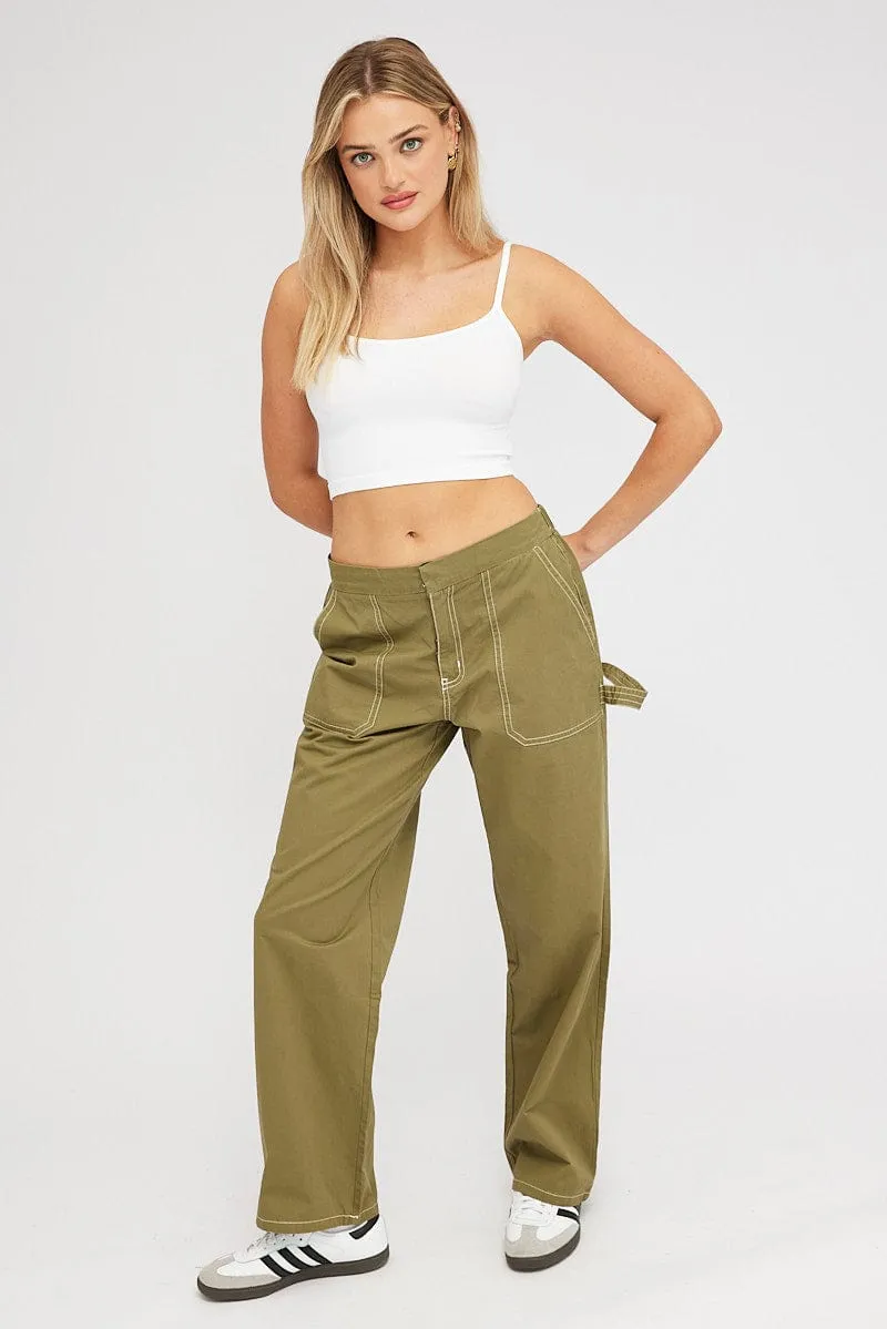 Green Cargo Pants Mid Rise Contrast Stitch Day To Night WindproofLayer